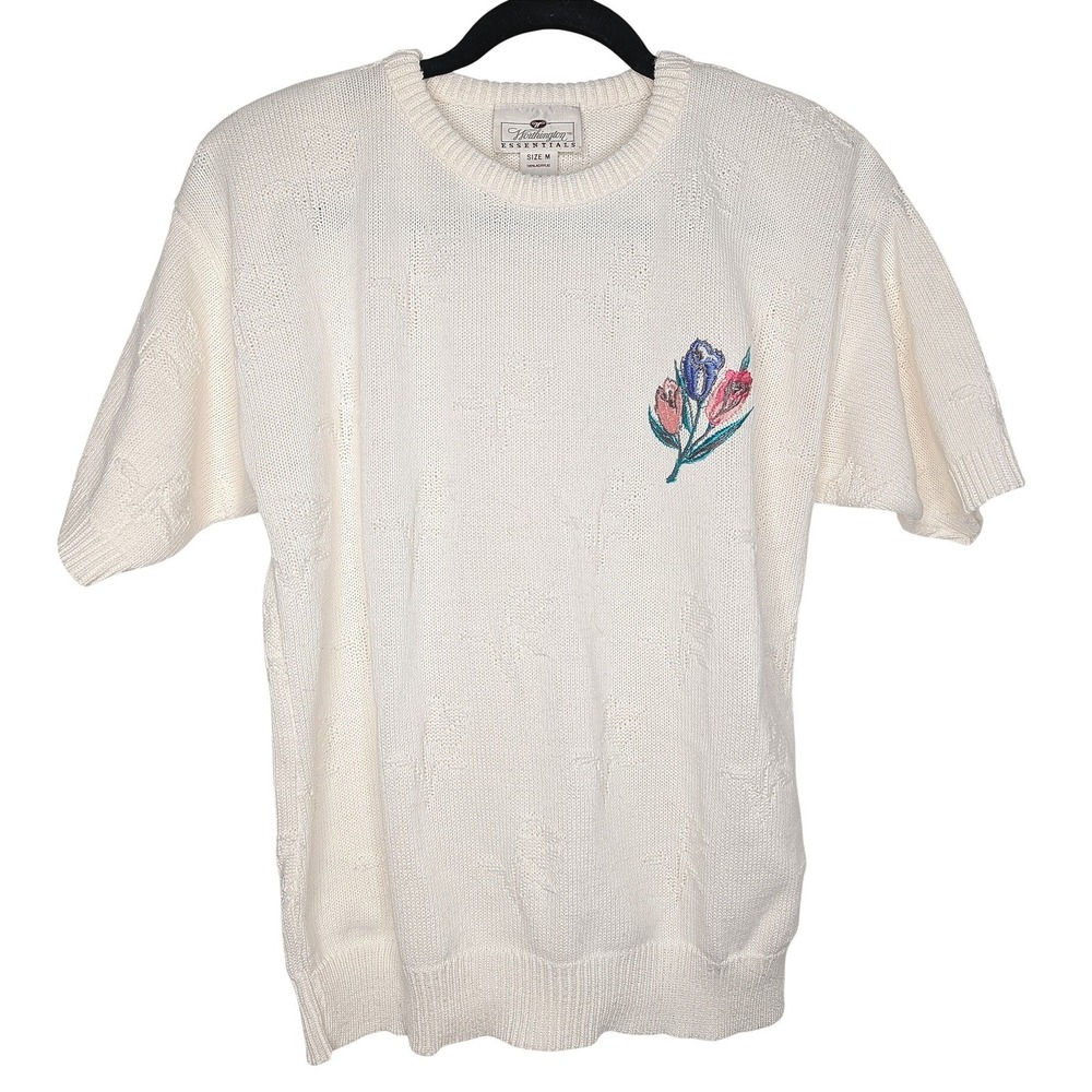 Vintage Worthington Essentials Short Sleeve Sweater Floral Embroidery Cream M